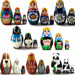 Big set of mini nesting dolls with animals and flowers
