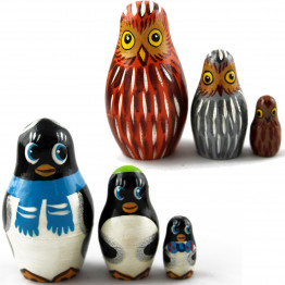 Mini penguins and owl nesting dolls set