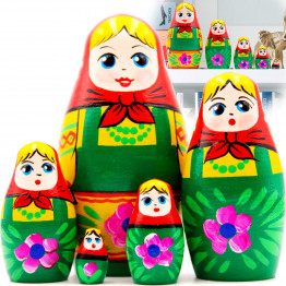 Russian Doll in Red Head Scarf and Green Sarafan Dress Set of 5 pcs