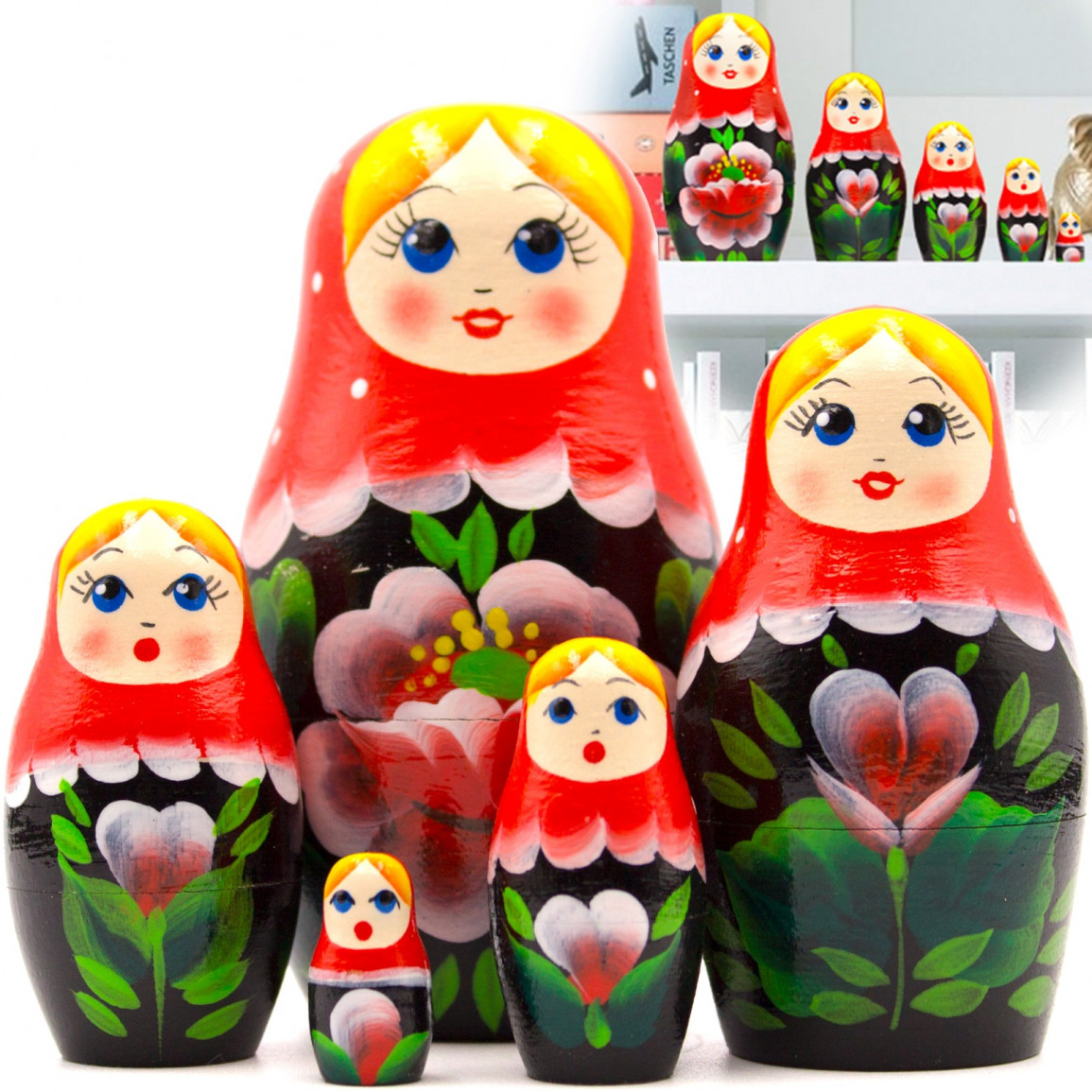Baboushka Nesting Dolls with Hand Painted Red Roses Russian Doll in Sarafan Dress with Red Rose Decorations Matryoshka Nesting Dolls Set of 7 pcs 