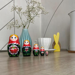 Russian Doll in Red Head Scarf and Sarafan Dress with Poppy Flowers Set of 5 pcs