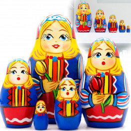 Russian Doll in Traditional Dutch Dress with Tulips Set of 5 pcs