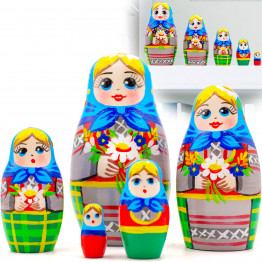 Russian Doll with Blue Cornflowers, Spikelets and Chamomile Flowers Set of 5 pcs