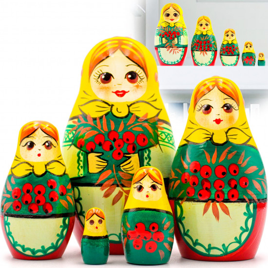 Russian Doll with Rowan Branches Set of 5 pcs - Matryoshka Doll with Mountain Ash Berries