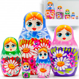 Russian Doll in Colorful Sarafan Dress with Meadow Flowers Set of 5 pcs