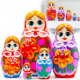 Classic Russian Doll with Bouquet of Campanula and Lilies Set of 5 pcs