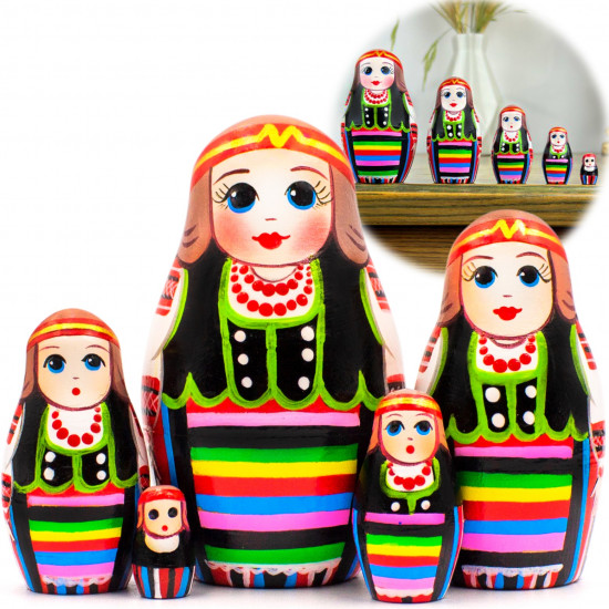 Matryoshka Doll in Belarusian Traditional Dress with Slavic Ornaments Set 5 pcs
