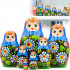 Nesting Dolls Set of 7 pcs - Russian Doll in Blue Sarafan Dress with Handpainted Gerberas Flowers