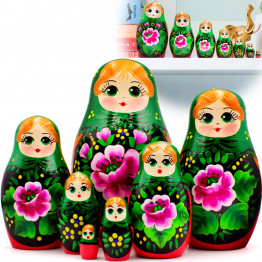 Russian Doll in Green Head Scarf and Sarafan with Pink Rose Decorations Set of 7 pcs