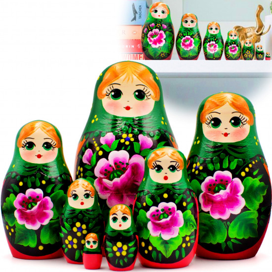 Russian Doll in Green Head Scarf and Sarafan with Pink Rose Decorations Set of 7 pcs