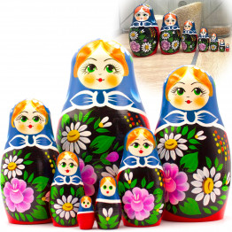 Nesting Dolls in Sarafan Dress with Dahlias and Daisies Flowers Set of 7 pcs