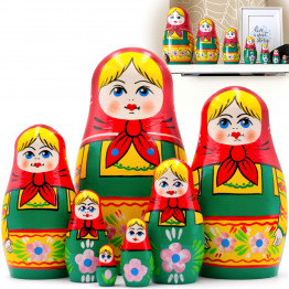 Matryoshka Doll in Hand Painted Red Head Scarf and Green Sundress Set of 7 pcs