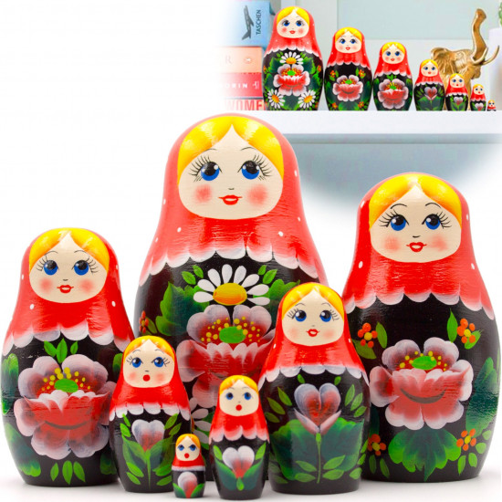 Baboushka Nesting Dolls in Sarafan Dress with Chamomile Flowers and Red Poppies Set of 7 pcs