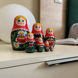 Baboushka Nesting Dolls in Sarafan Dress with Chamomile Flowers and Red Poppies Set of 7 pcs