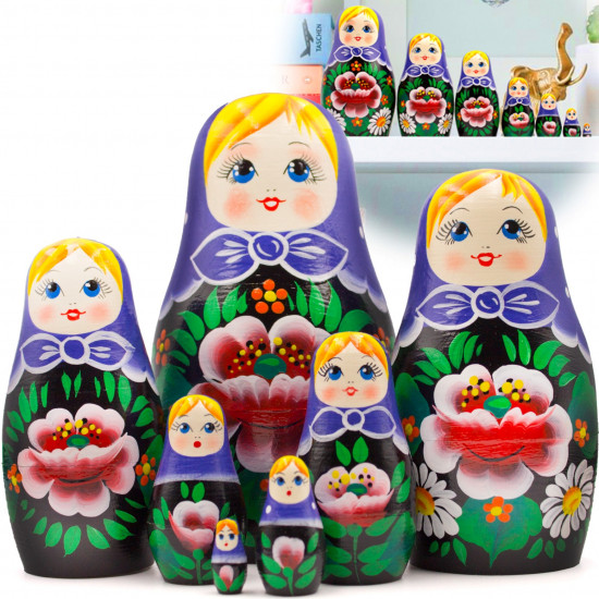 Matryoshka Doll in Purple Head Scarf with Chamomile Flowers and Red Poppies Set of 7 pcs