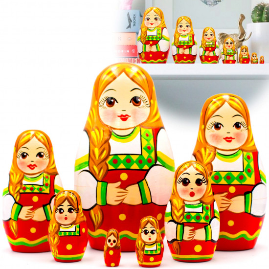 Matryoshka Doll in Slavic Traditional Dress with Ornaments Set of 7 pcs