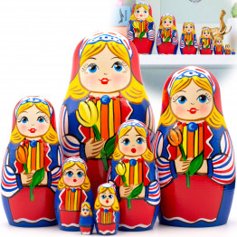 Nesting Dolls in Dutch Traditional Dress with Tulip Flowers Set of 7 pcs