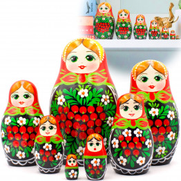 Russian Doll in Sarafan Dress with Rowan Branches and Chamomile Flowers Set of 7 pcs