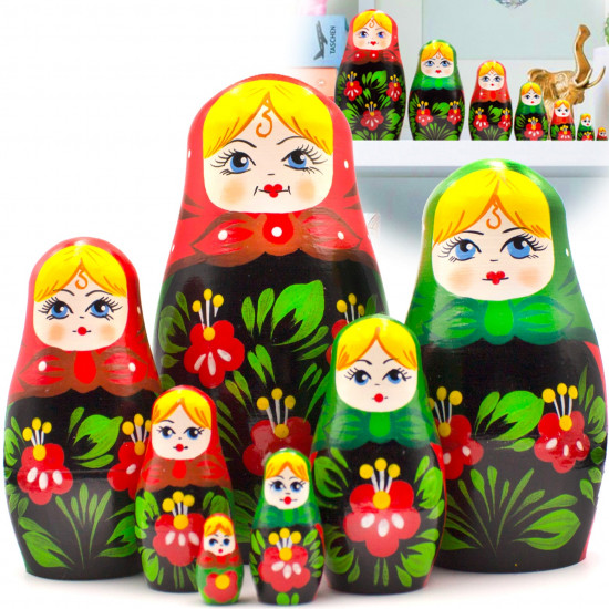 Vintage Style Russian Doll in Head Scarf with Hand Painted Flower Decor Set of 7 pcs