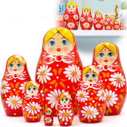 Red Russian Dolls with Chamomile Flowers Set of 7 pcs