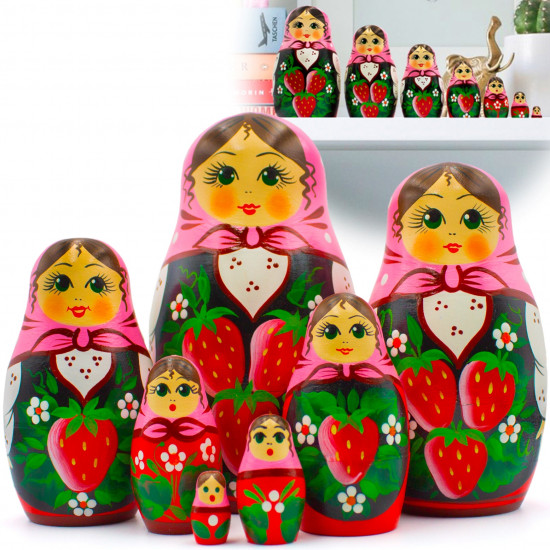 Nesting Dolls in Pink Head Scarf and Sarafan Dress with Hand Painted Strawberry Decorations Set of 7 pcs