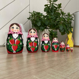 Nesting Dolls in Pink Head Scarf and Sarafan Dress with Hand Painted Strawberry Decorations Set of 7 pcs