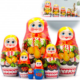 Russian Dolls in Sarafan Dress with Folk Ornaments and Apples, Pears and Red Currant  Set of 7 pcs