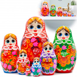 Classic Russian Dolls in Sarafan Dress with Bouquet of Bellflowers and Lilies Set of 7 pcs