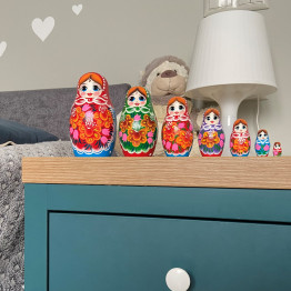 Classic Russian Dolls in Sarafan Dress with Bouquet of Bellflowers and Lilies Set of 7 pcs