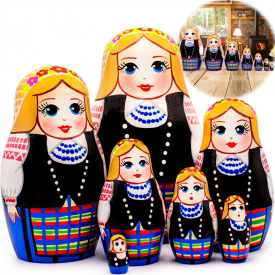 Belorussian Nesting Dolls in Novogrudok Traditional Women's Costume with Ethnic Patterns, Set 7 pcs