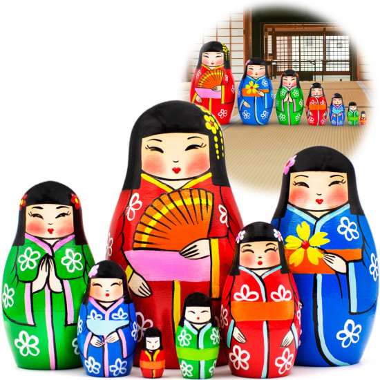 Japanese Nesting Dolls Set of 7 pcs - Matryoshka Doll in Japanese Kimono