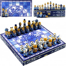 Russian Gzhel Theme Chess set in a shape of Matryoshka Dolls
