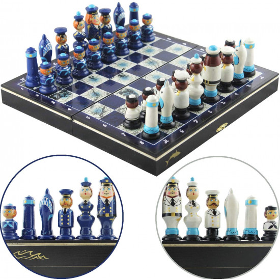 Themed Chess Set with Handmade Chess Pieces Wooden Russian Dolls Sailors